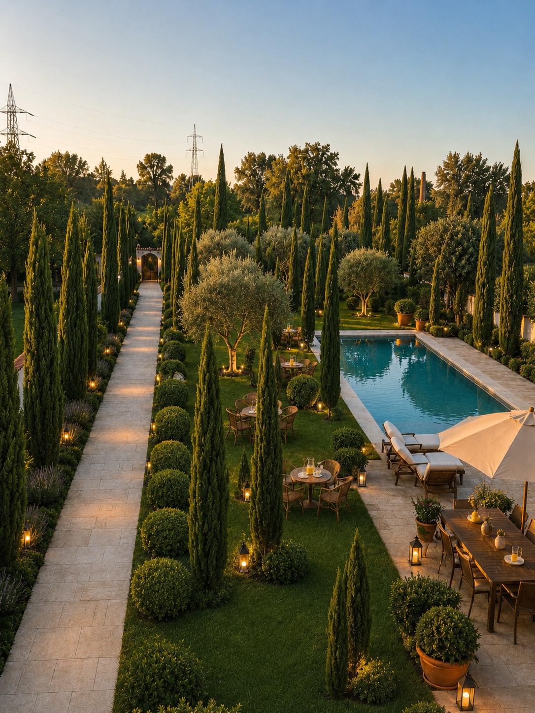Landscaped hospitality grounds with a swimming pool, cypress trees, and outdoor dining