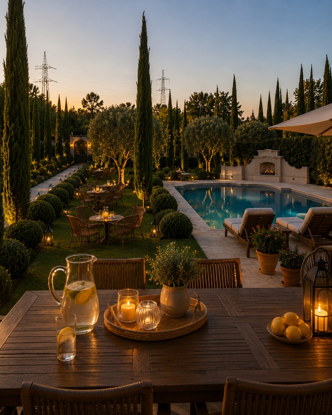 Restaurant terrace overlooking a landscaped pool and garden at dusk