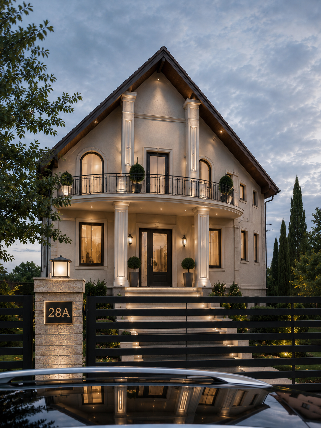 Illuminated hospitality residence framed by mature landscaping